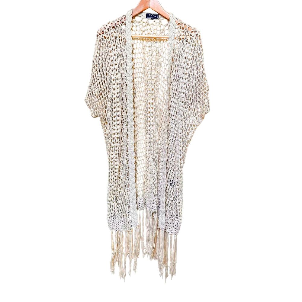 Pol Crochet Coverup Cardigan sz S Beige Boho Fringe Vacation Beach Pool Party